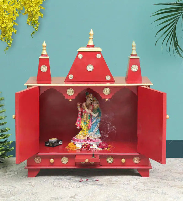 Sheesham MDF Red Wooden Pooja Temple For Office