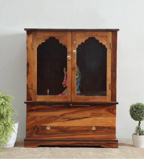 Sheesham Wood Veneer Big Wooden Pooja Mandir With Door For Home & Office