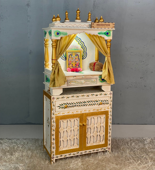 Wooden Pooja Temple & Puja Mandap with Cabinet for Home