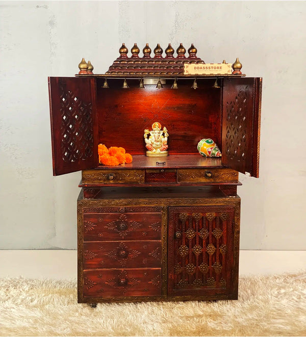 Wooden Pooja Temple & Puja Mandap with Cabinet for Home