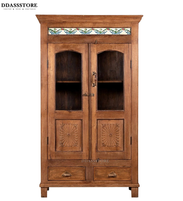 Walnut Rustic Solid wood HandCarved Bookshelf with Storage - D'DASS Store