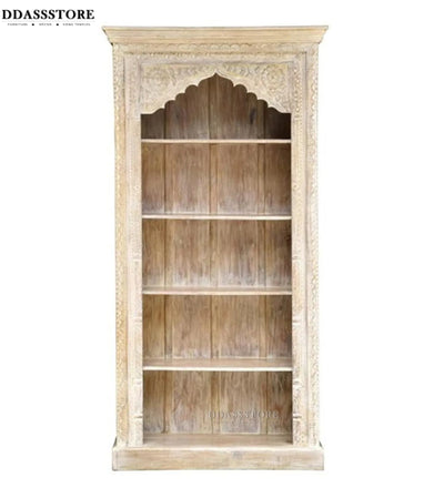 White Rustic Solid wood HandCarved Bookshelf with Storage - D'DASS Store