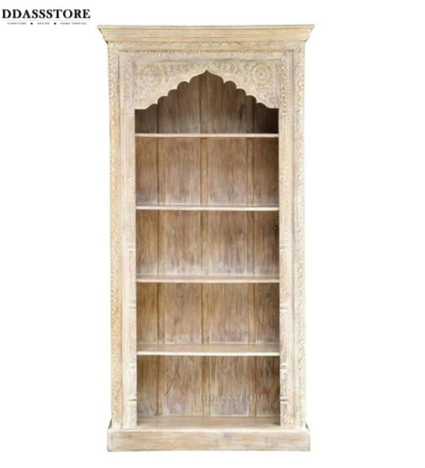 White Rustic Solid wood HandCarved Bookshelf with Storage - D'DASS Store