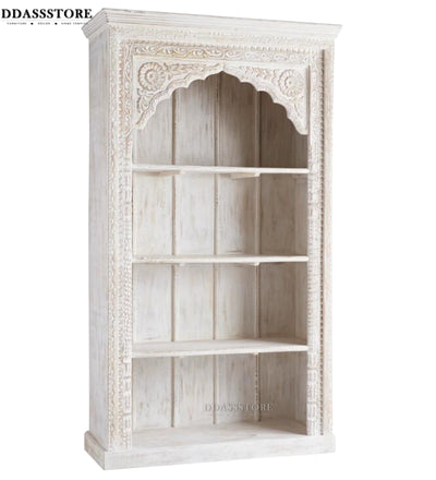 White Rustic Solid wood HandCarved Bookshelf with Storage