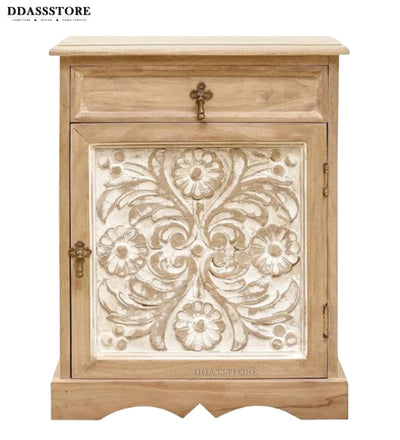 Rustic Natural Solid wood HandCarved Bedside Table for Bed - D'DASS Store