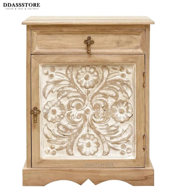 Rustic Natural Solid wood HandCarved Bedside Table for Bed - D'DASS Store