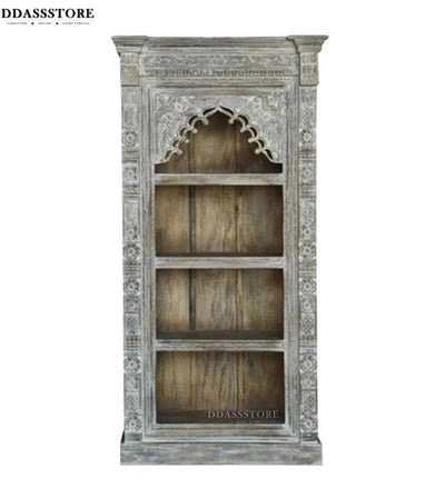 Grey Rustic Solid wood HandCarved Bookshelf with Storage - D'DASS Store