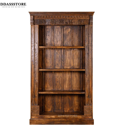 Walnut Rustic Solid wood HandCarved Bookshelf with Storage