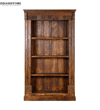 Walnut Rustic Solid wood HandCarved Bookshelf with Storage - D'DASS Store