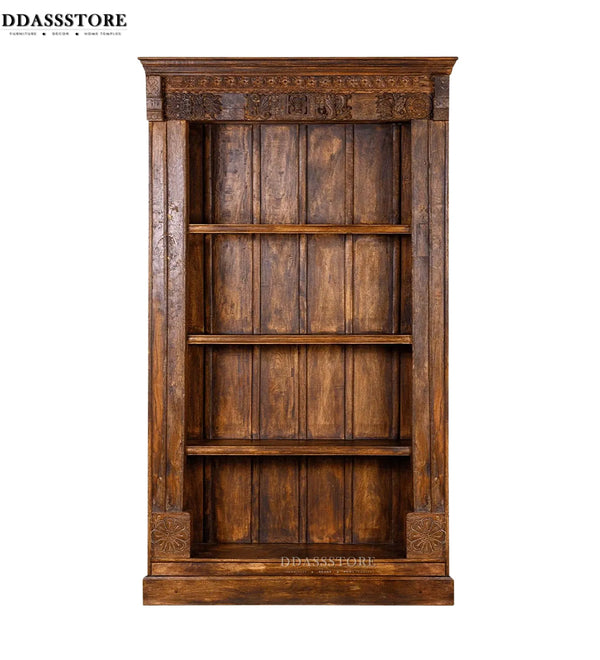 Walnut Rustic Solid wood HandCarved Bookshelf with Storage - D'DASS Store