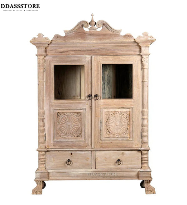 white Rustic Solid wood HandCarved Bookshelf with Storage - D'DASS Store