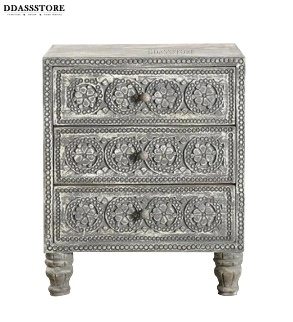 Rustic Grey Solid wood HandCarved Bedside Table for Bed - D'DASS Store