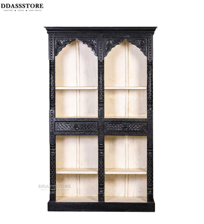 Black Rustic Solid wood HandCarved Bookshelf with Storage