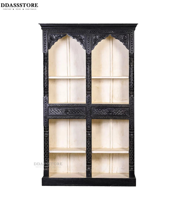 Black Rustic Solid wood HandCarved Bookshelf with Storage - D'DASS Store
