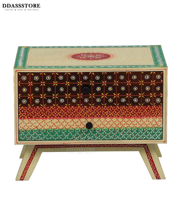 Multicolor Handpainted Solid wood HandCarved Bedside Table for Bed - D'DASS Store
