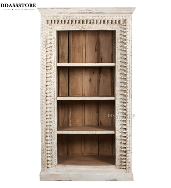 White Rustic Solid wood HandCarved Bookshelf with Storage - D'DASS Store