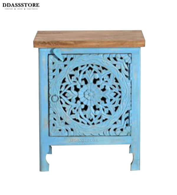 Rustic Bluecity Solid wood HandCarved Bedside Table for Bed - D'DASS Store