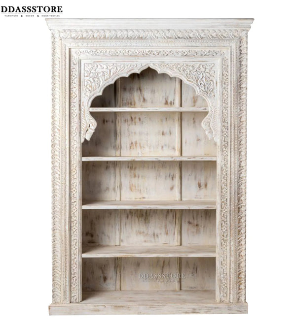 White Rustic Solid wood HandCarved Bookshelf with Storage - D'DASS Store