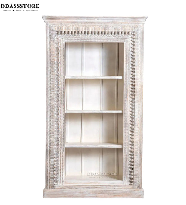 White Rustic Solid wood HandCarved Bookshelf with Storage - D'DASS Store