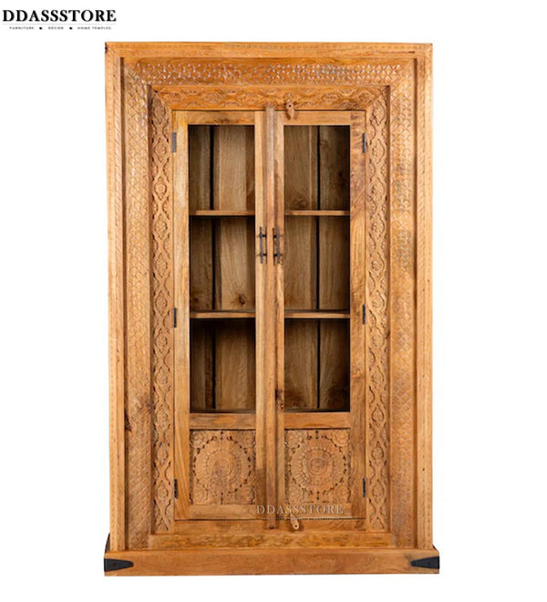 Natural Rustic Solid wood HandCarved Bookshelf with Storage - D'DASS Store