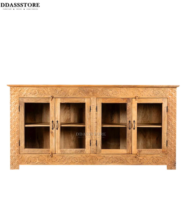 Natural Rustic Solid wood HandCarved Bookshelf with Storage - D'DASS Store
