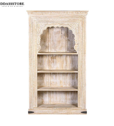 White Rustic Solid wood HandCarved Bookshelf with Storage