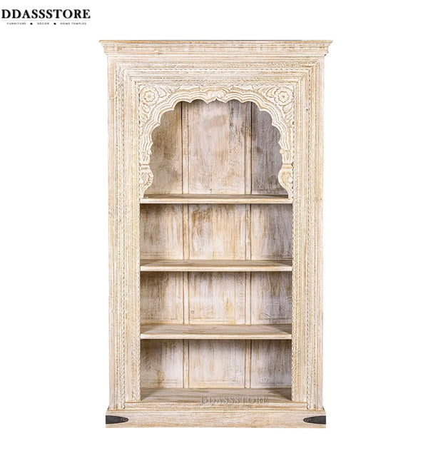 White Rustic Solid wood HandCarved Bookshelf with Storage - D'DASS Store