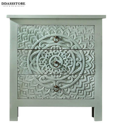 Distressed Green Solid wood HandCarved Bedside Table for Bed