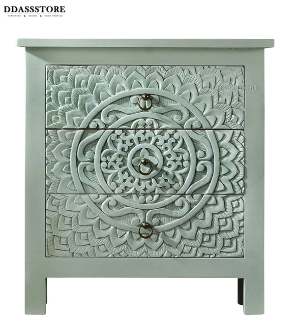 Distressed Green Solid wood HandCarved Bedside Table for Bed - D'DASS Store