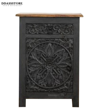 Distressed Grey Solid wood HandCarved Bedside Table for Bed - D'DASS Store
