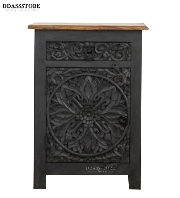 Distressed Grey Solid wood HandCarved Bedside Table for Bed - D'DASS Store