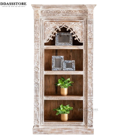 White Rustic Solid wood HandCarved Bookshelf with Storage