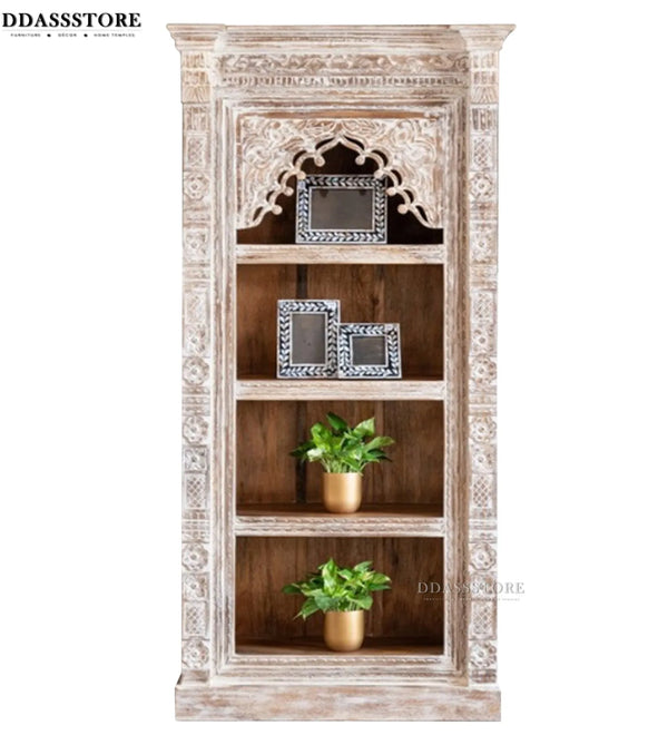White Rustic Solid wood HandCarved Bookshelf with Storage - D'DASS Store