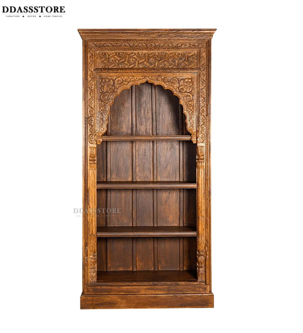 Walnut Rustic Solid wood HandCarved Bookshelf with Storage - D'DASS Store