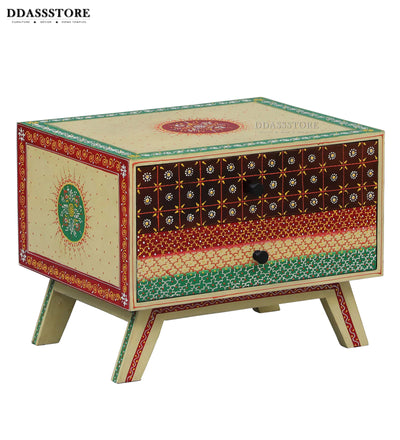 Multicolor Handpainted Solid wood HandCarved Bedside Table for Bed