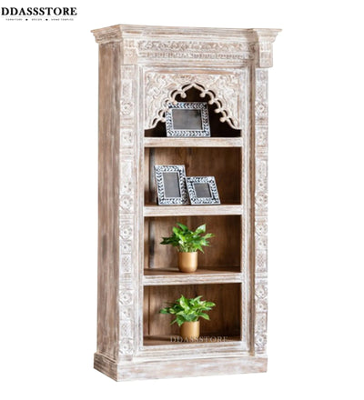 White Rustic Solid wood HandCarved Bookshelf with Storage - D'DASS Store