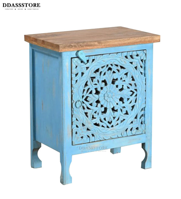 Rustic Bluecity Solid wood HandCarved Bedside Table for Bed - D'DASS Store