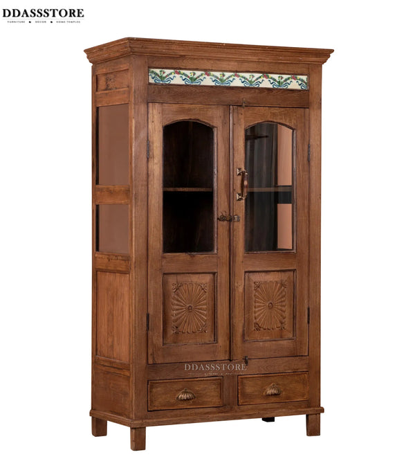 Walnut Rustic Solid wood HandCarved Bookshelf with Storage - D'DASS Store
