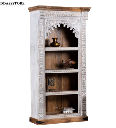 White Rustic Solid wood HandCarved Bookshelf with Storage