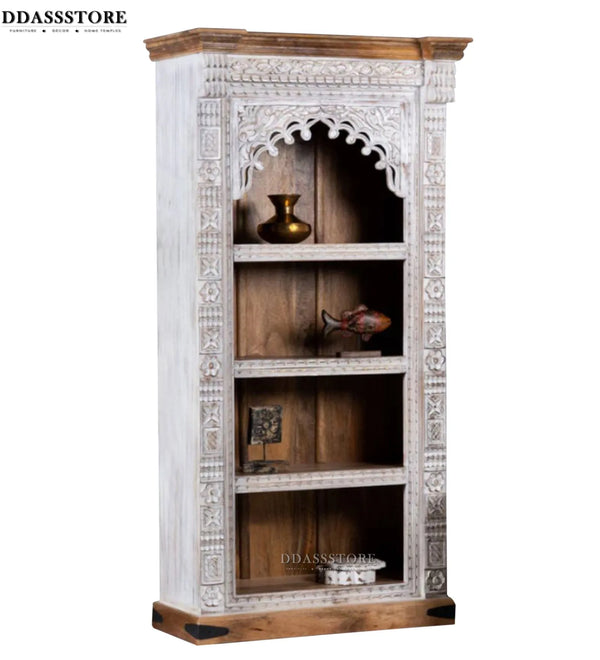 White Rustic Solid wood HandCarved Bookshelf with Storage - D'DASS Store