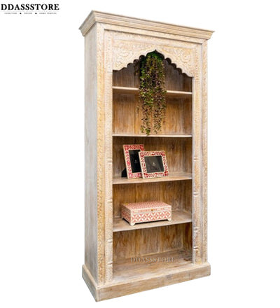 White Rustic Solid wood HandCarved Bookshelf with Storage