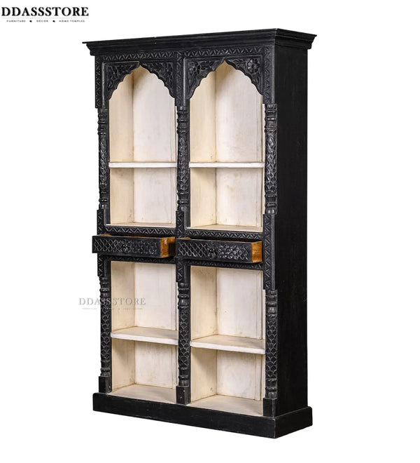 Black Rustic Solid wood HandCarved Bookshelf with Storage - D'DASS Store