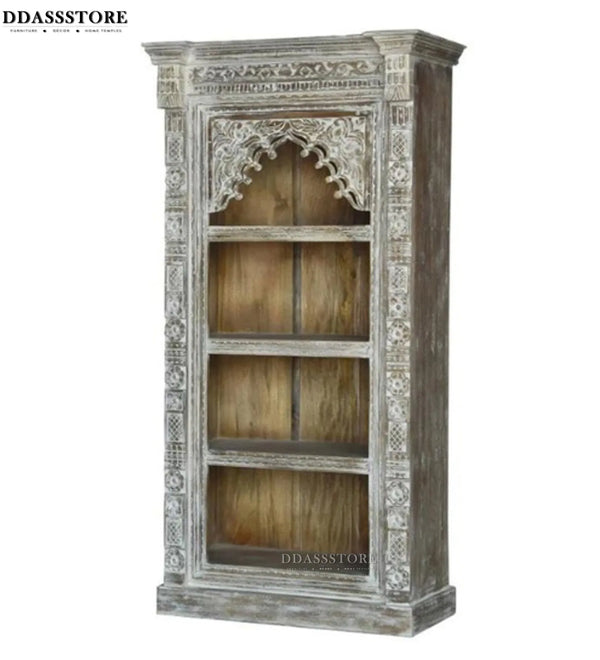 Grey Rustic Solid wood HandCarved Bookshelf with Storage - D'DASS Store