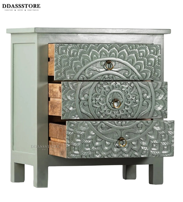 Distressed Green Solid wood HandCarved Bedside Table for Bed - D'DASS Store