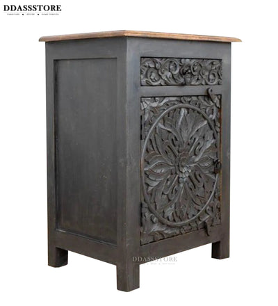 Distressed Grey Solid wood HandCarved Bedside Table for Bed - D'DASS Store