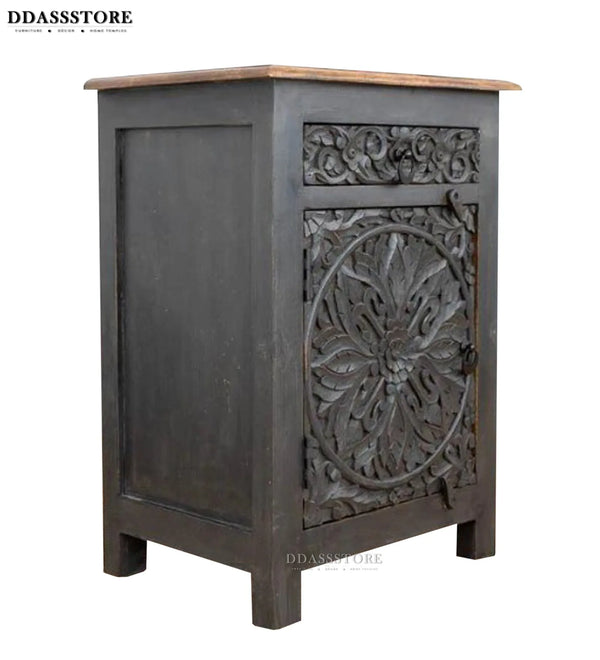 Distressed Grey Solid wood HandCarved Bedside Table for Bed - D'DASS Store