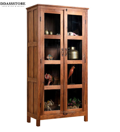 Natural Rustic Solid wood HandCarved Bookshelf with Storage - D'DASS Store