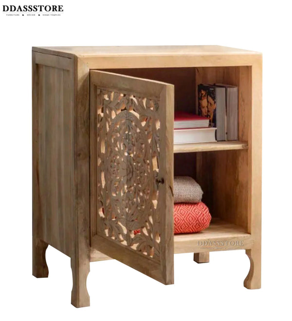 Distressed Green Solid wood HandCarved Bedside Table for Bed - D'DASS Store