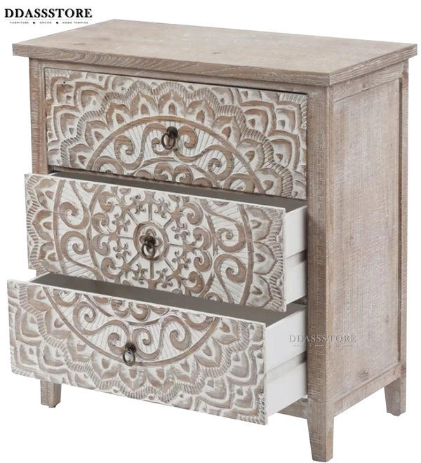 Distressed Solid wood HandCarved Bedside Table for Bed - D'DASS Store