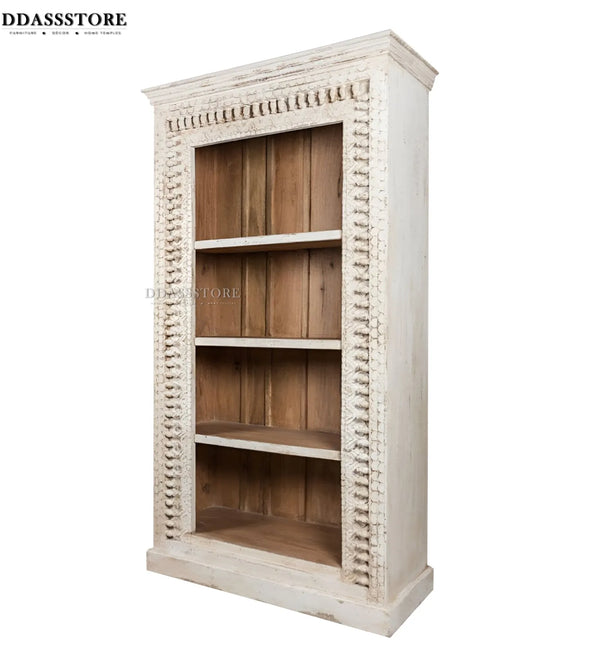 White Rustic Solid wood HandCarved Bookshelf with Storage - D'DASS Store
